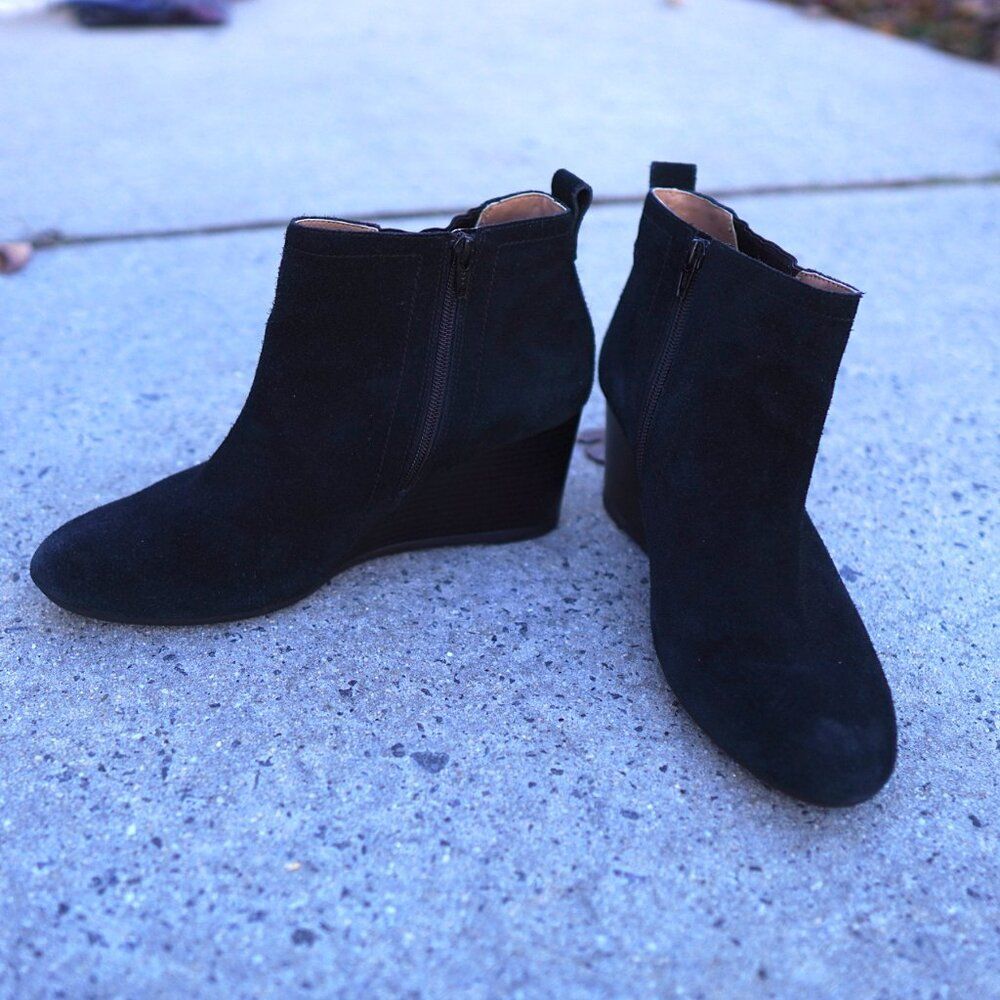 Vionic Paloma Wedge Ankle Booties 11 Black Suede Orthaheel Arch Support Comfort